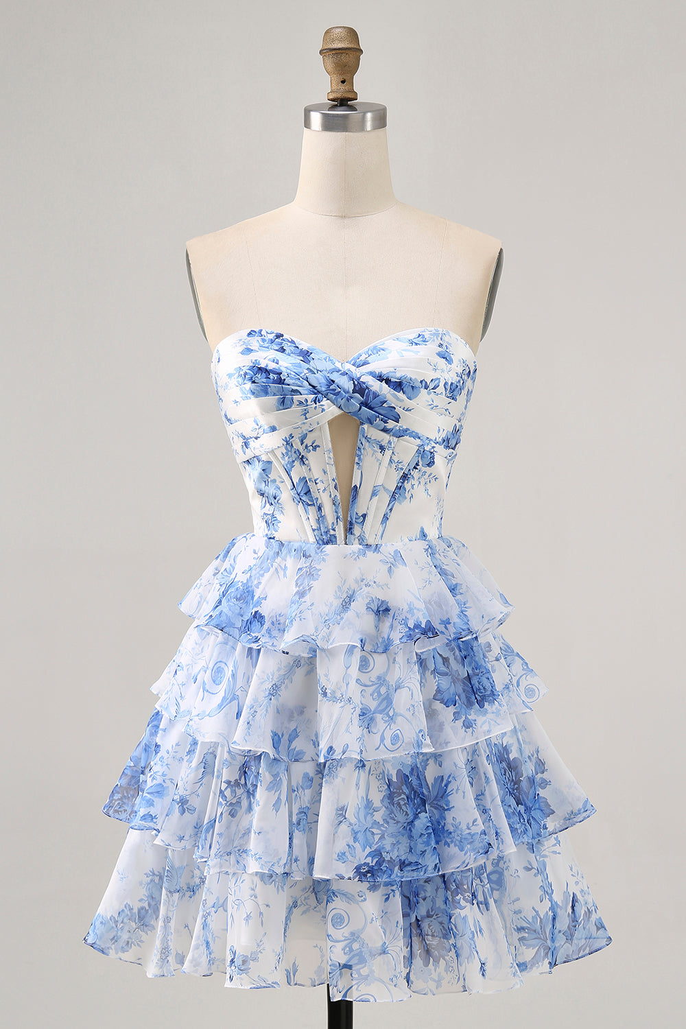 White and Blue Floral Tiered Short Corset Strapless Flowy Homecoming Dress
