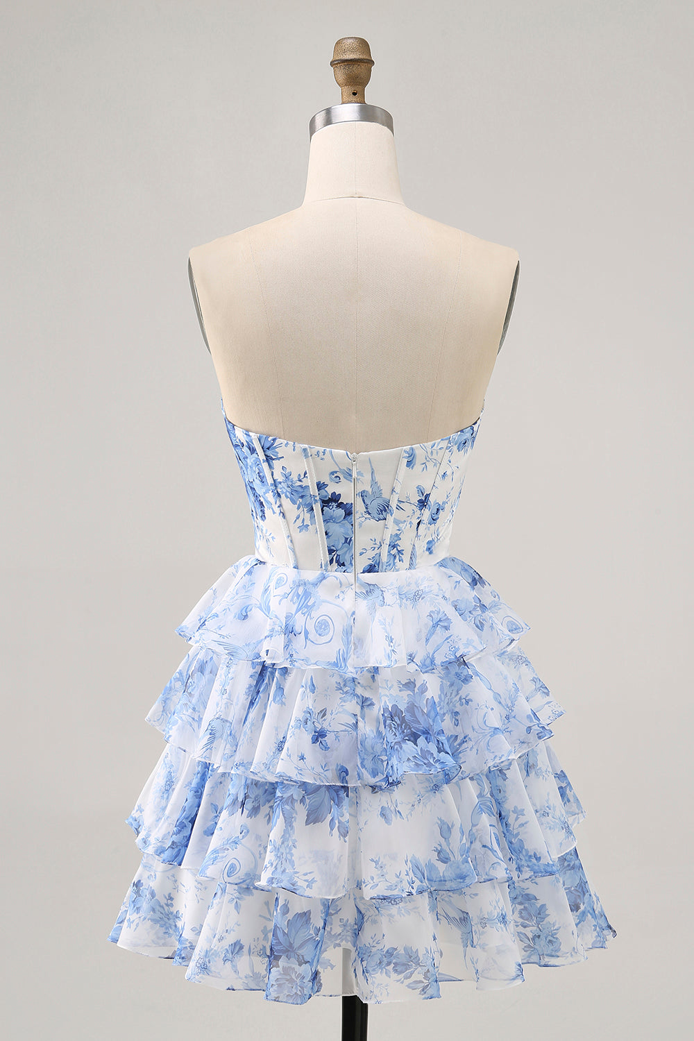 White and Blue Floral Tiered Short Corset Strapless Flowy Homecoming Dress