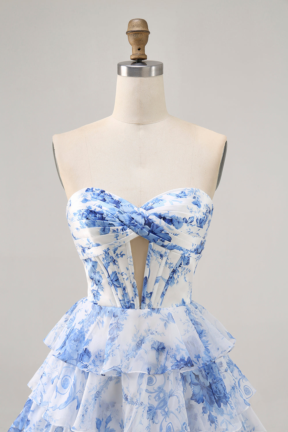 White and Blue Floral Tiered Short Corset Strapless Flowy Homecoming Dress
