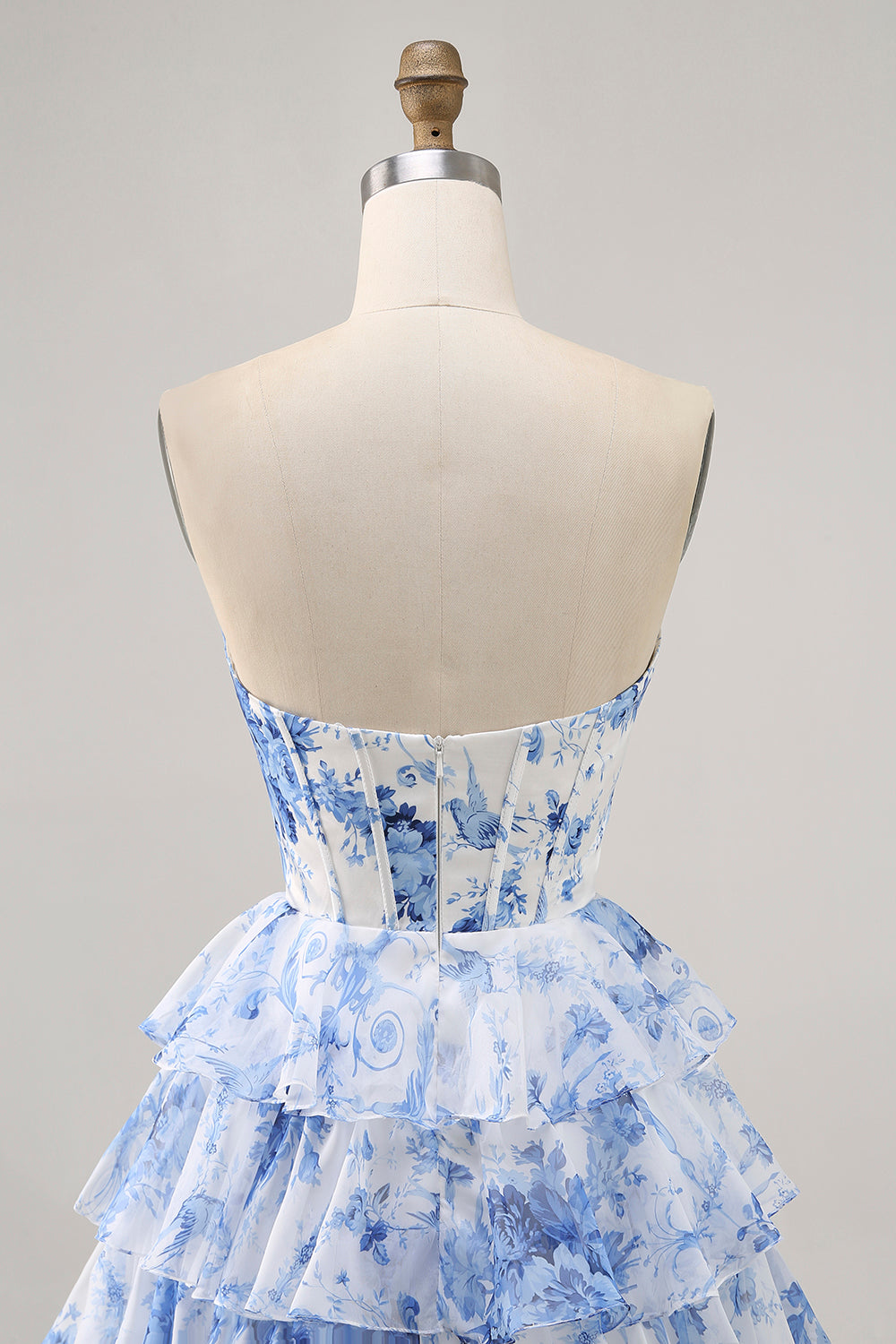 White and Blue Floral Tiered Short Corset Strapless Flowy Homecoming Dress