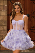 Lavender Floral Corset A Line Tiered Short Homecoming Dress with Ruffles