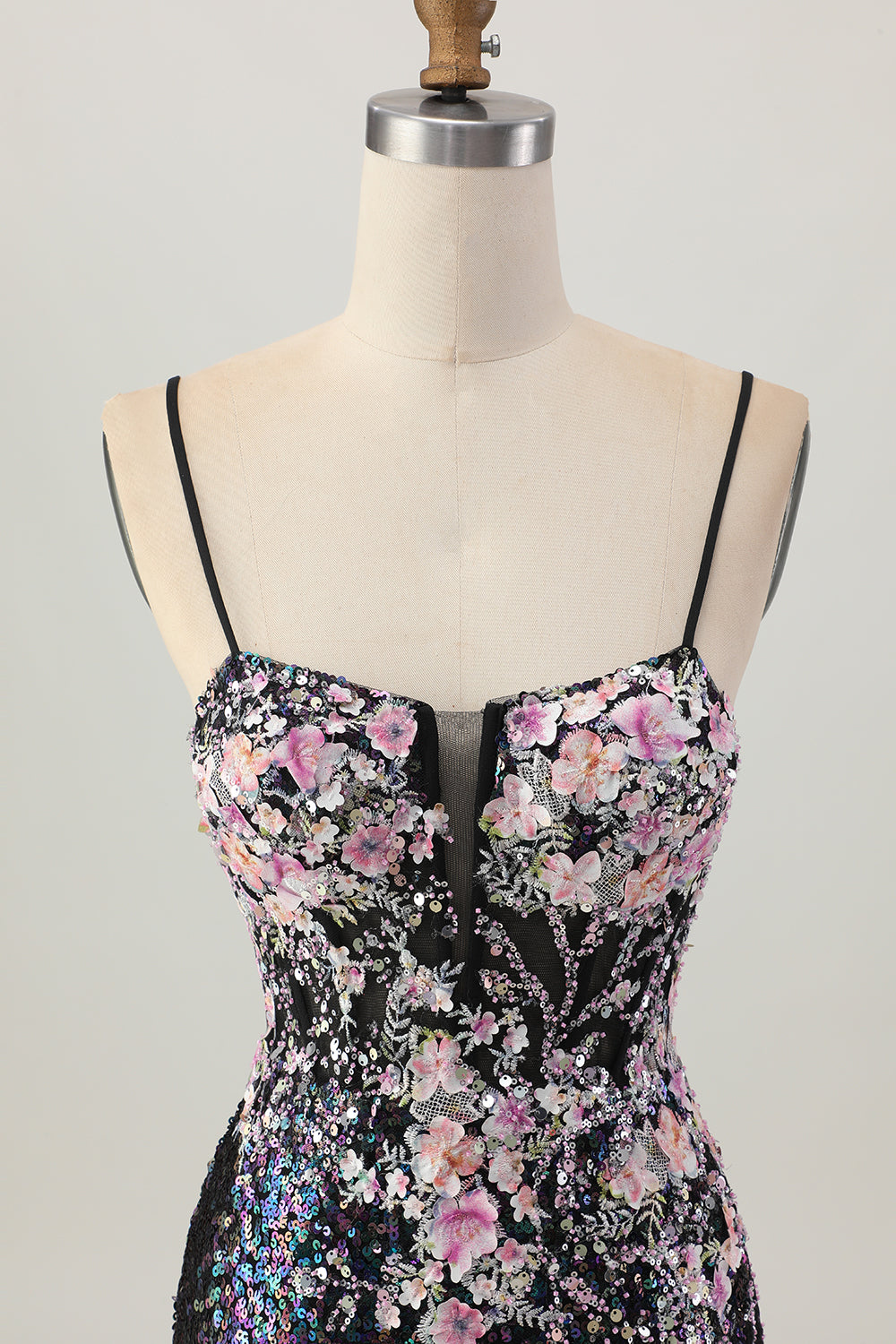 Black Floral Corset Tight Short Sparkly Sequins Homecoming Dress with Applique