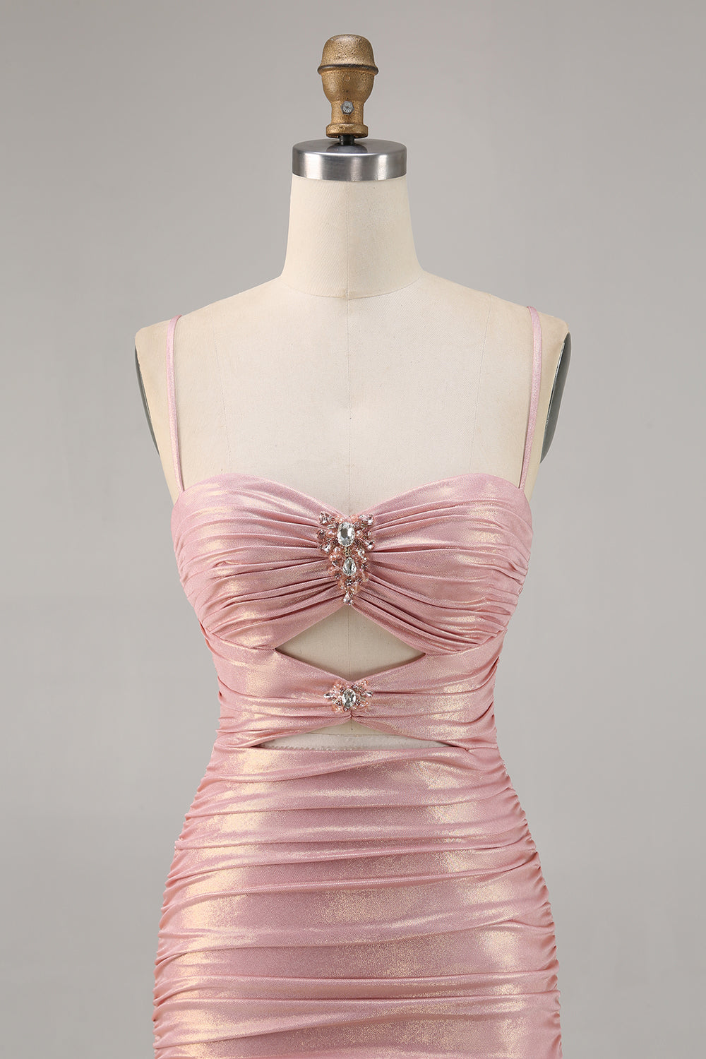 Blush Ruched Cut Out Tight Mini Homecoming Dress with Rhinestones