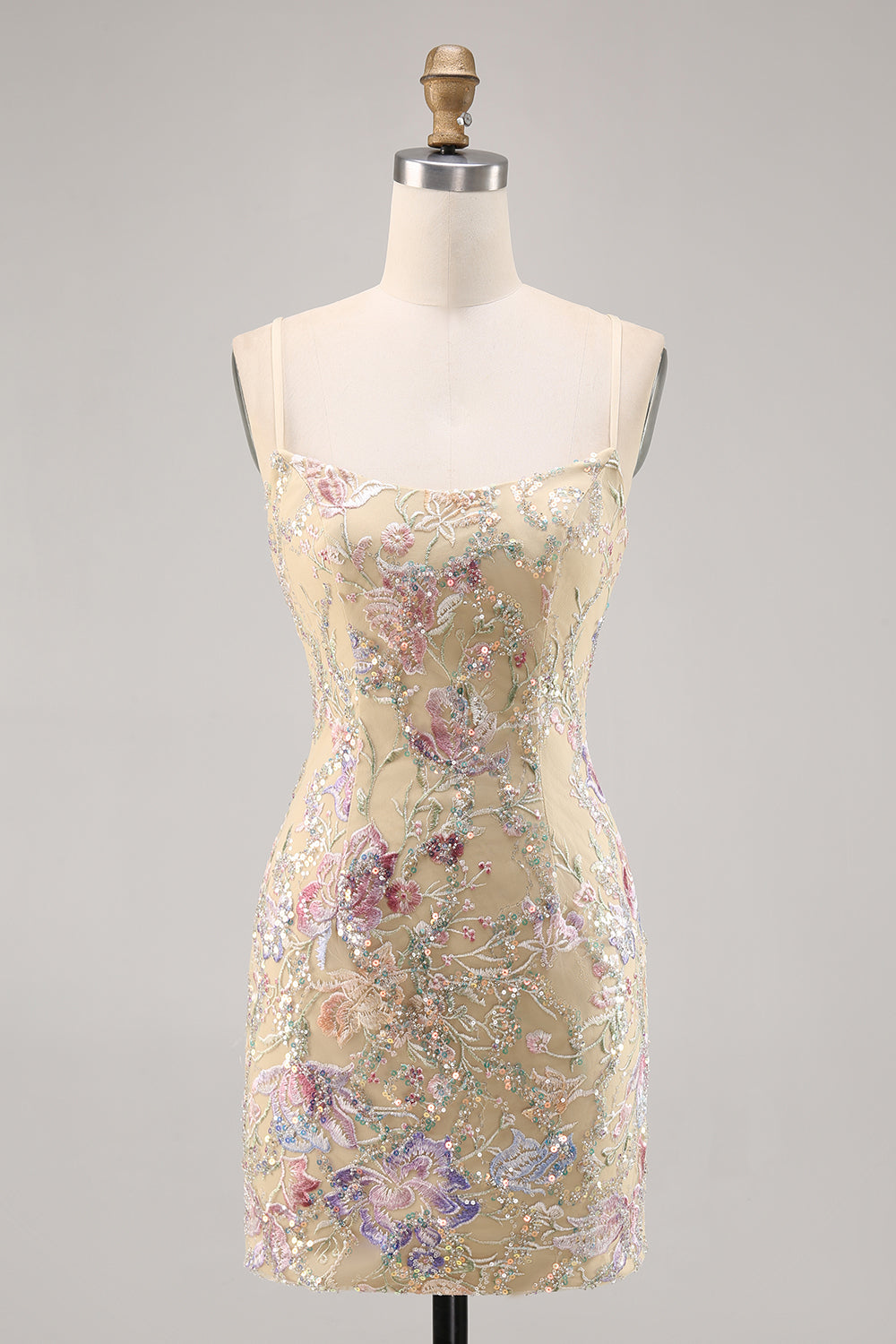 Apricot Floral Tight Short Embroidered Sparkly Homecoming Dress with Sequins