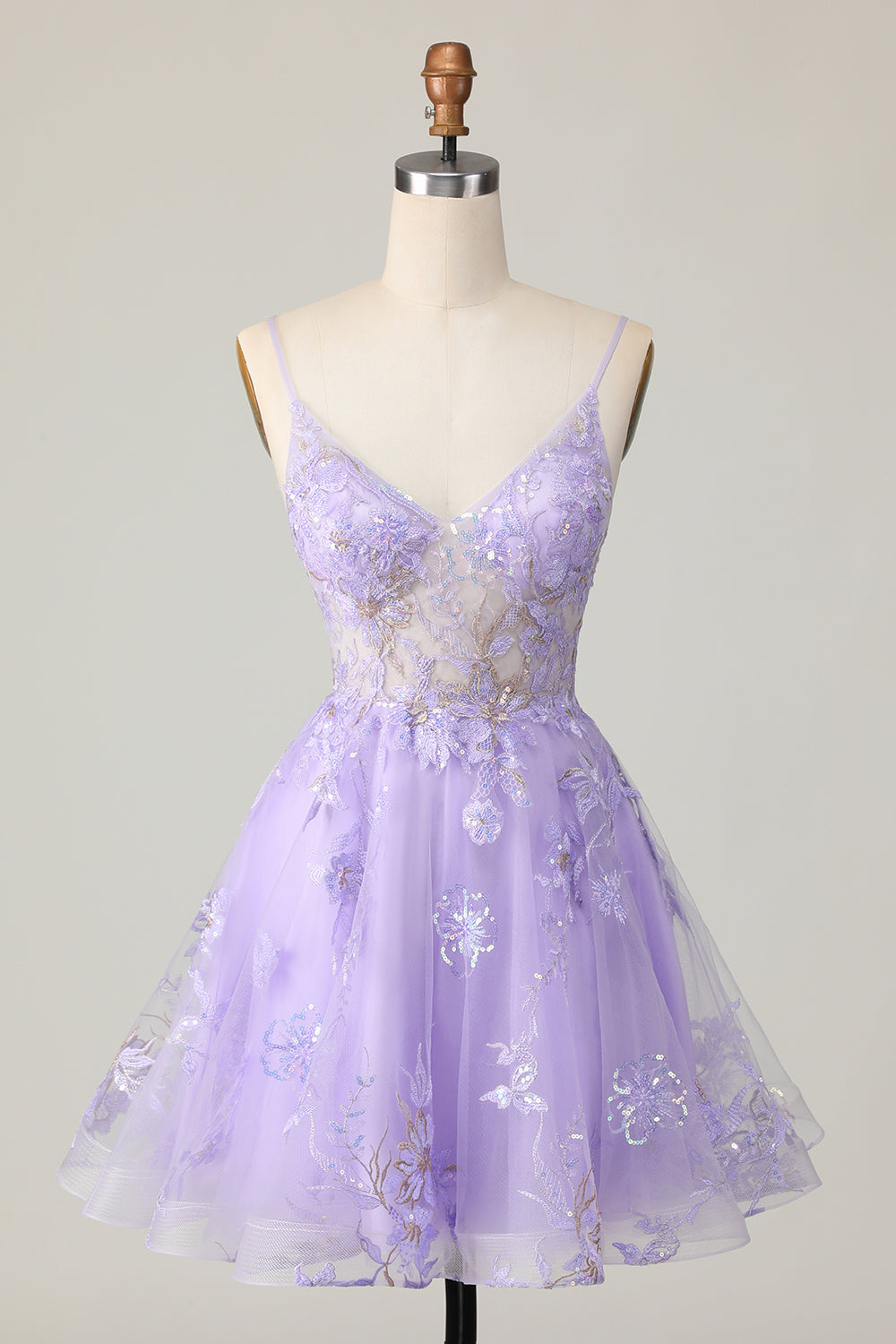 Purple Floral A Line Short Embroidered Sparkly Homecoming Dress with Sequins