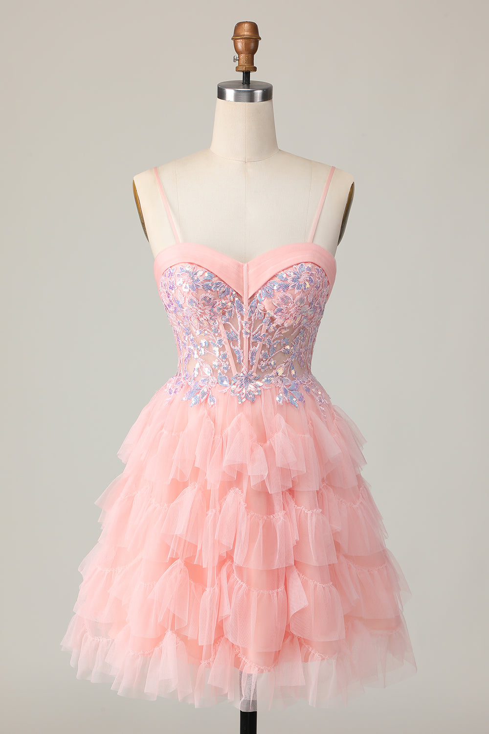 Pink Tulle Tiered Sparkly Corset Sequins Short Homecoming Dress with Ruffles