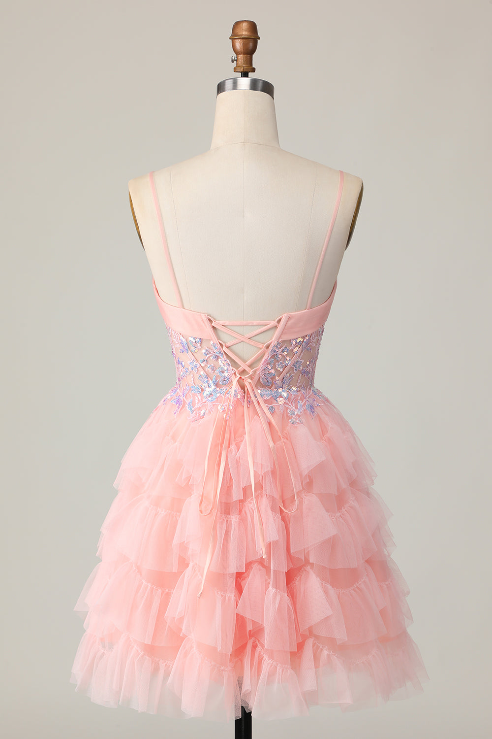 Pink Tulle Tiered Sparkly Corset Sequins Short Homecoming Dress with Ruffles