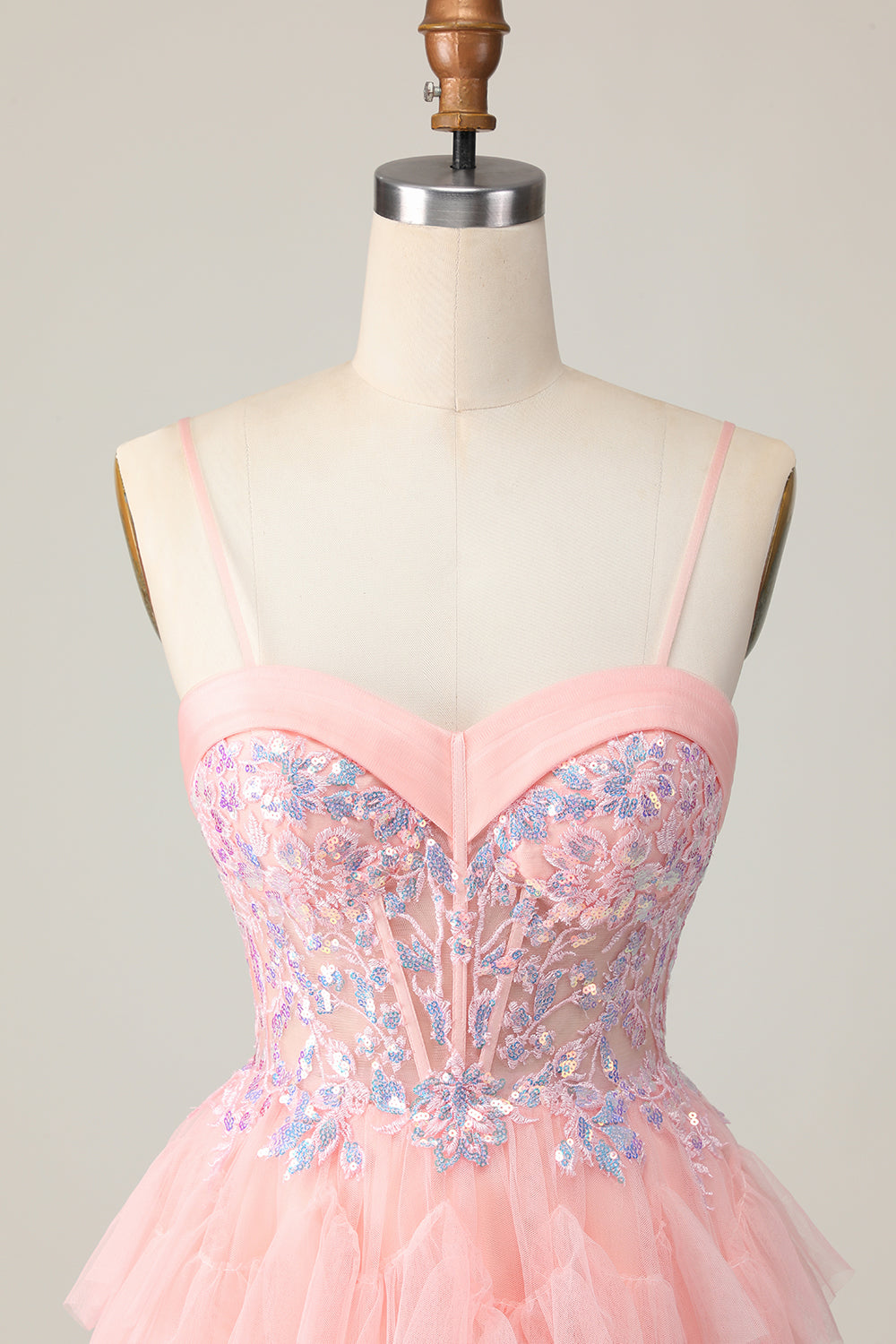 Pink Tulle Tiered Sparkly Corset Sequins Short Homecoming Dress with Ruffles