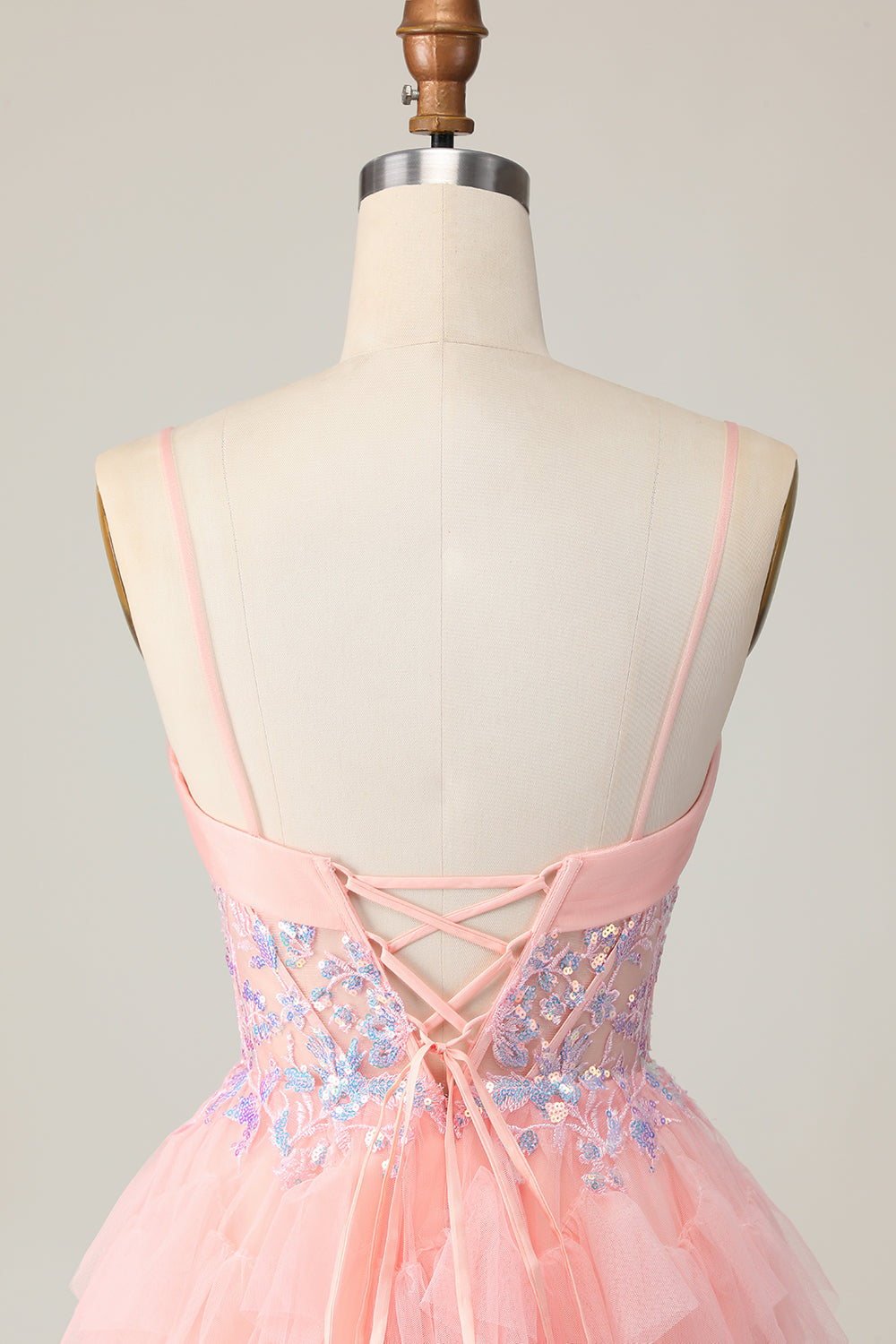 Pink Tulle Tiered Sparkly Corset Sequins Short Homecoming Dress with Ruffles