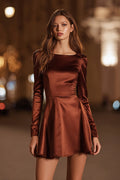 Short Satin Coffee A Line Boat Neck Cocktail Dress with Sleeves