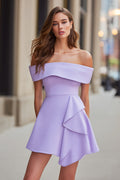 Lilac Short A Line Satin Off the Shoulder Cocktail Dress with Drape